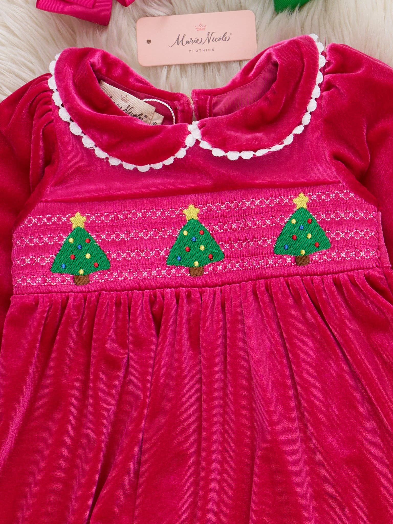 Christmas Trees Smocked Velvet Dress