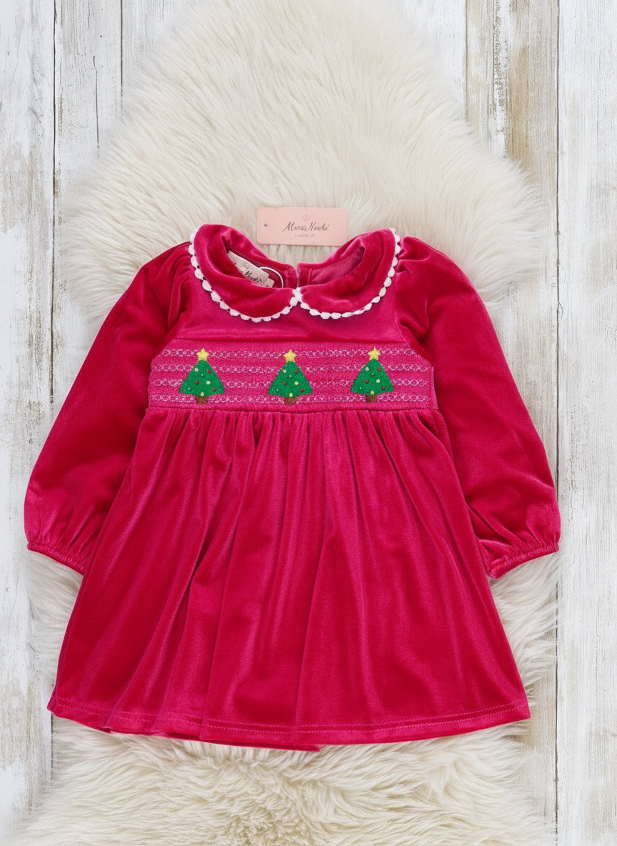Christmas Trees Smocked Velvet Dress